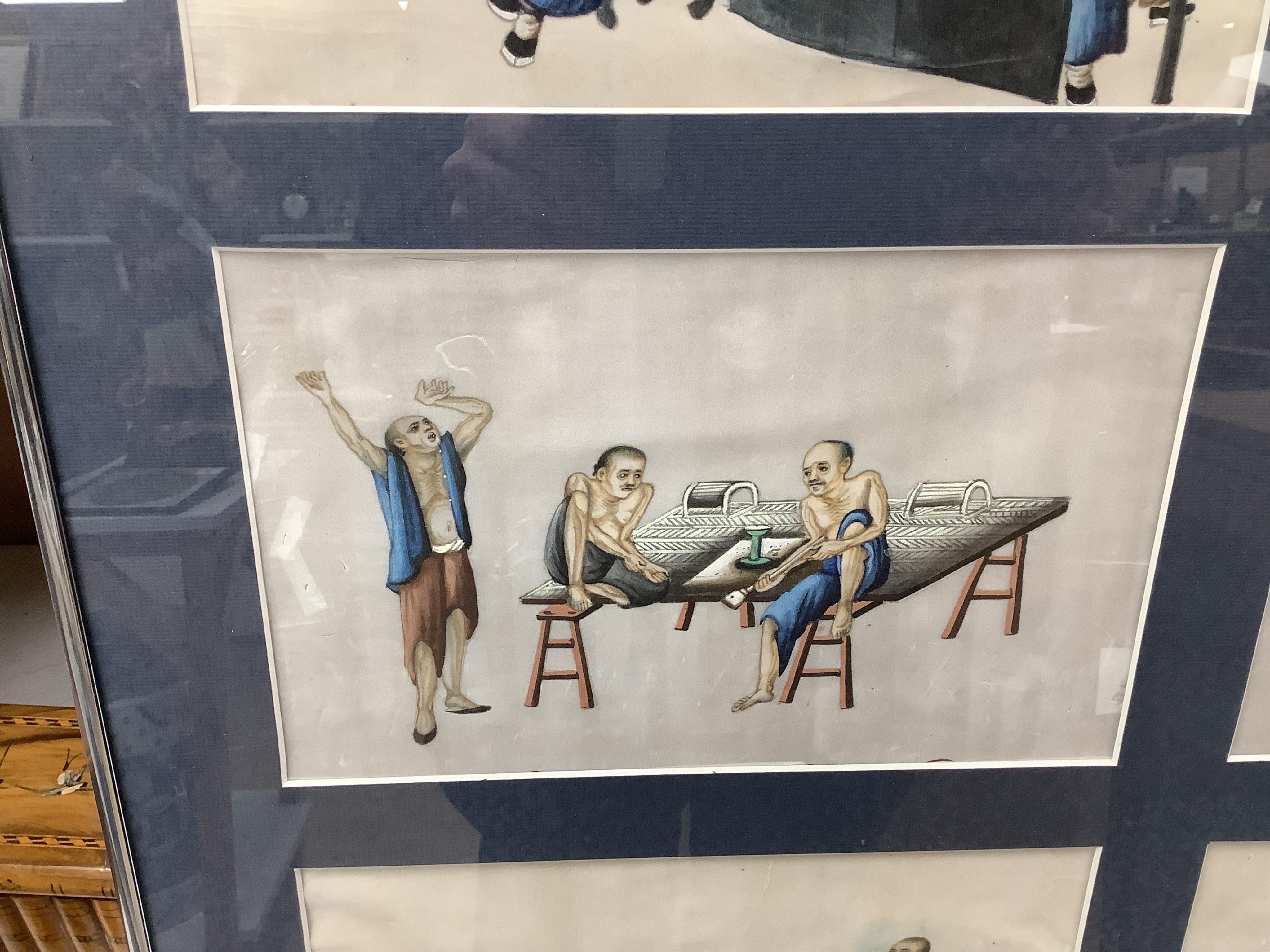 Late 19th / early 20th century, Chinese School, set of six pith paper paintings, Interior scenes with figures, each 15 x 24cm, paper in poor condition